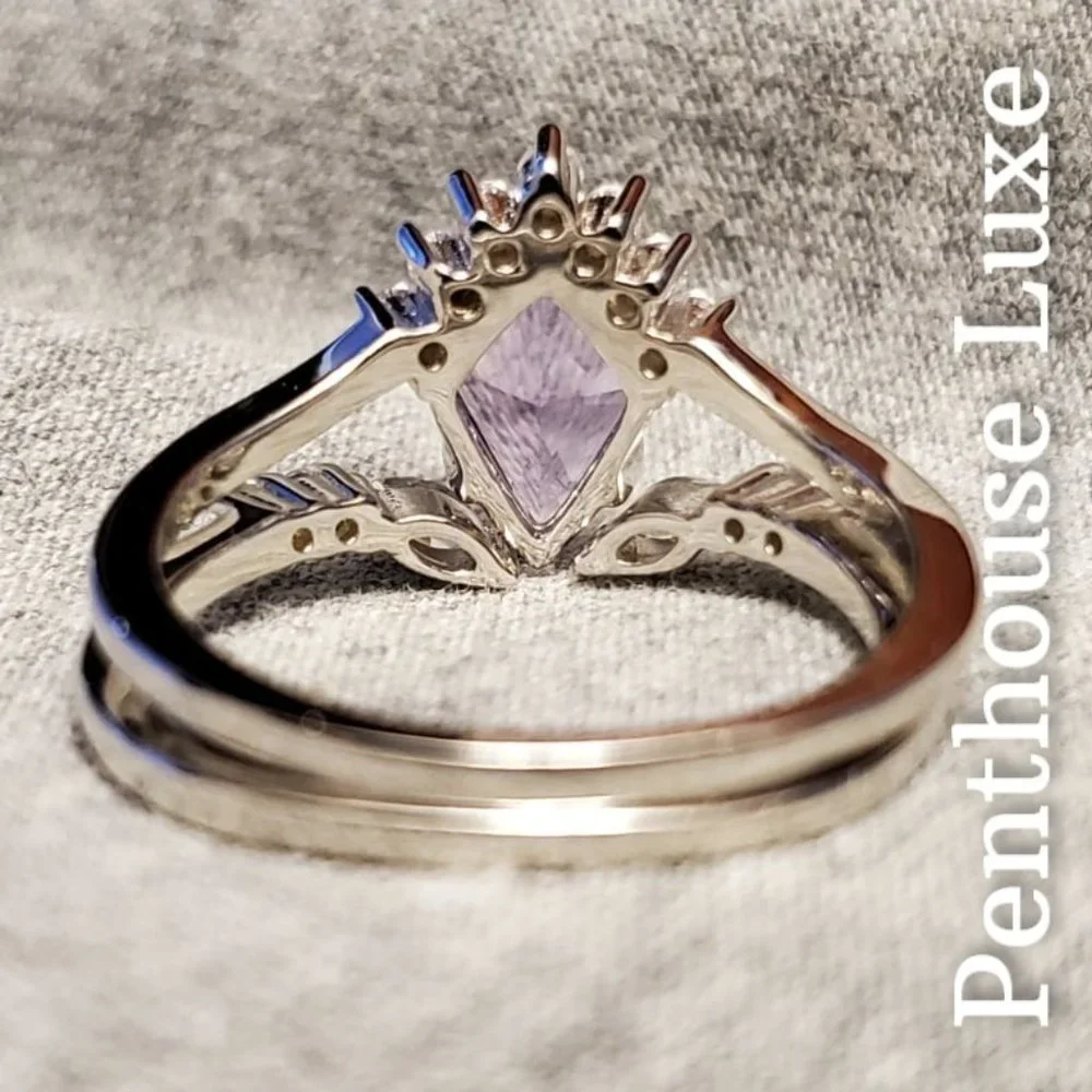 SOLID 925 Sterling Silver Purple Amethyst Kite Cut Ring Set